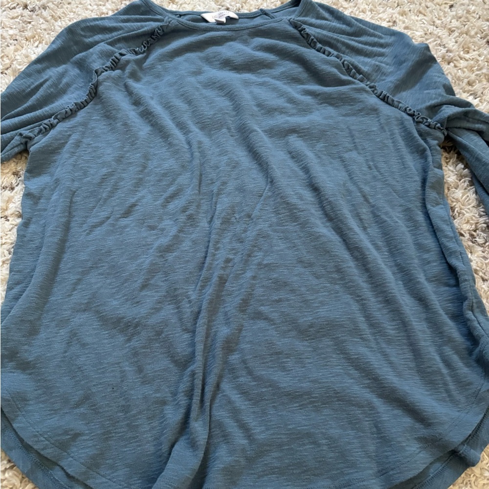LC Lauren Conrad Slate Blue Long Sleeve Pullover Top With Ruffle Accent